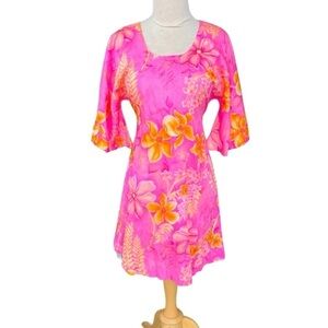 VTG Two Potato Hawaiian Floral Barkcloth Lavacloth Mini Dress Day Glow‎ Neon Sml